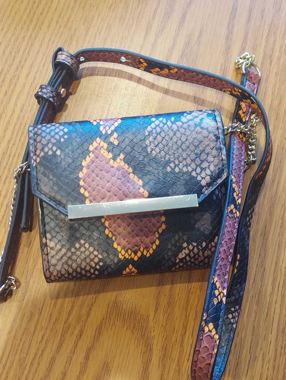INC International Concepts Black and Brown Snakeskin-Print Chain Crossbody